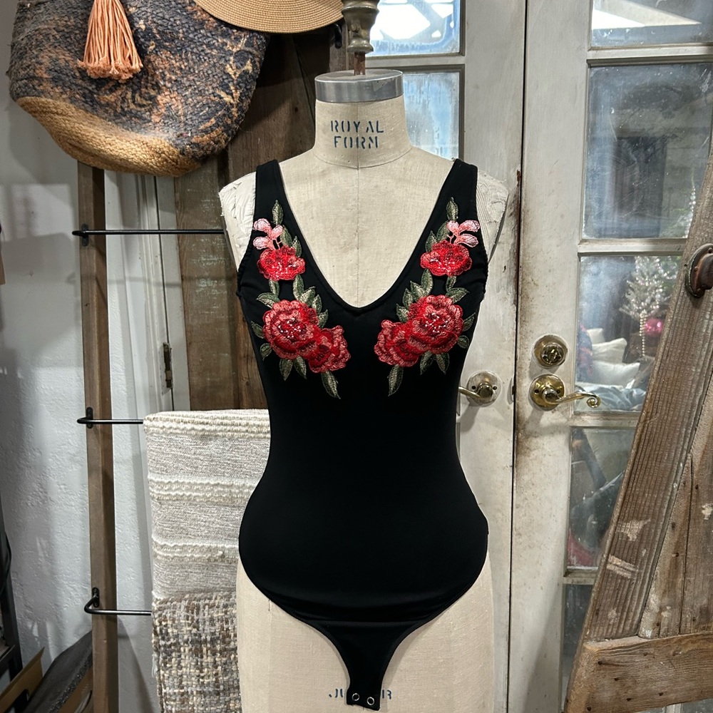 Forever 21 Black Fitted Bodysuit with Red Embellishments